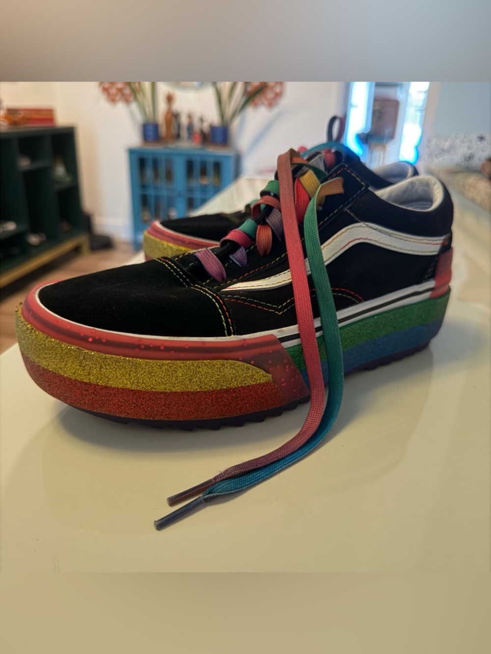 Vans Black Sneakers with Rainbow Laces and Pink Gold Accent - Picture 5 of 14
